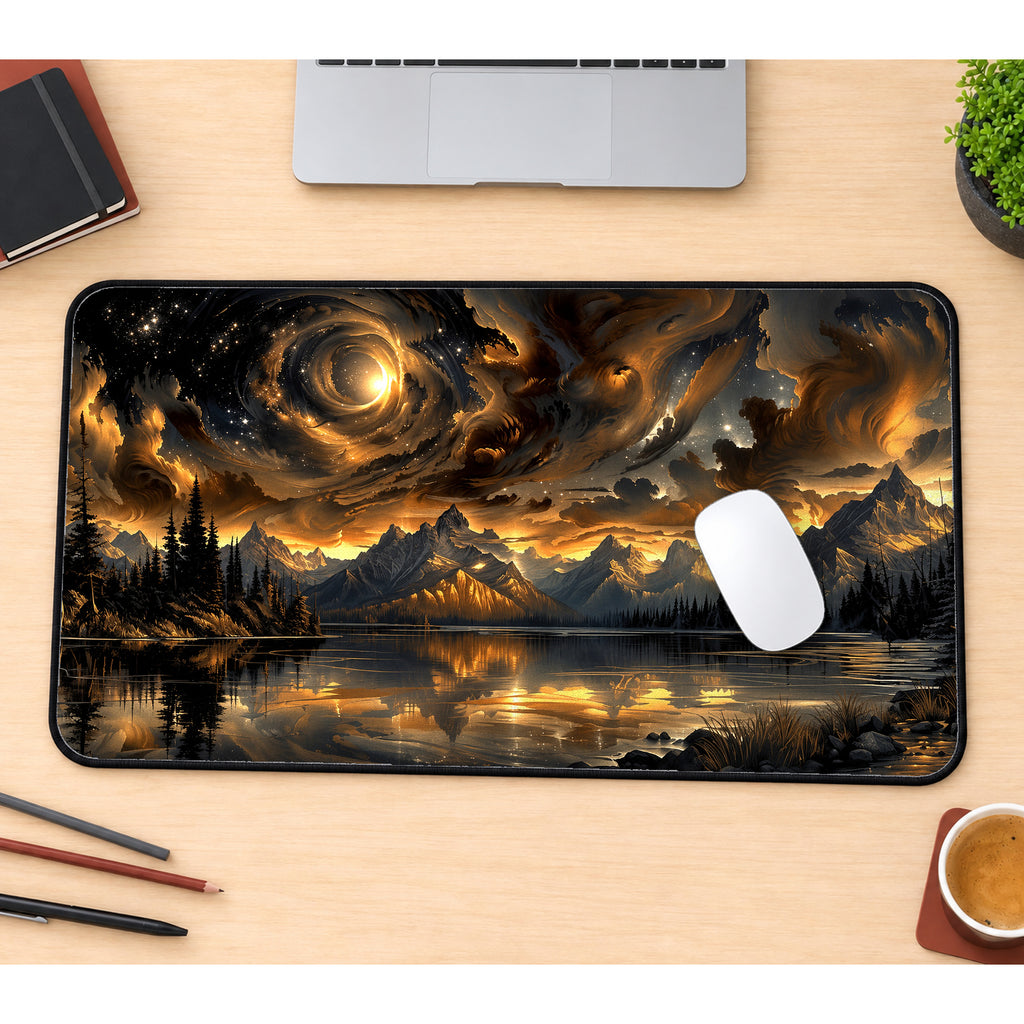 Golden Cosmic Mountain Lake Desk Mat — product mockup 1