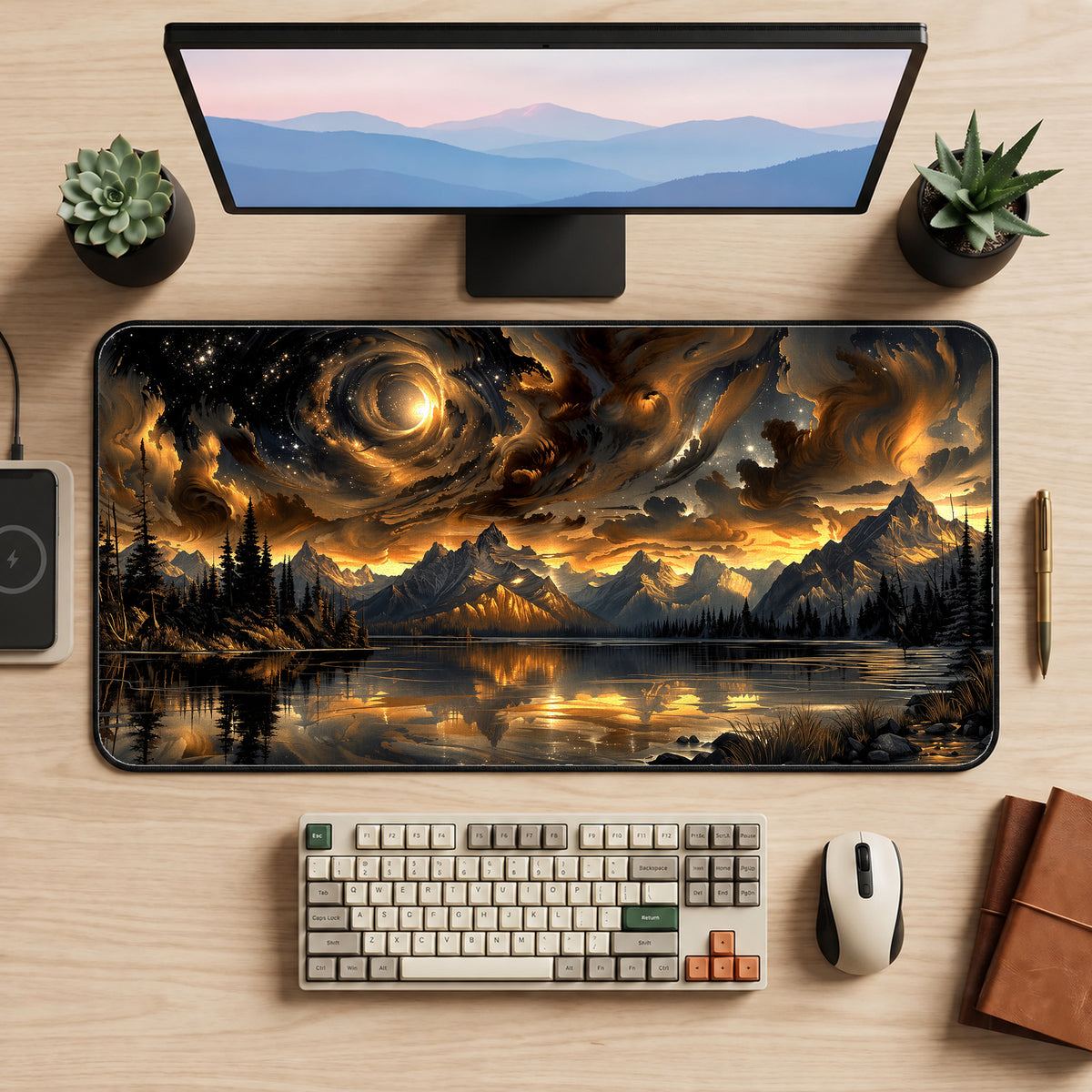 Golden Cosmic Mountain Lake Desk Mat — product mockup 2