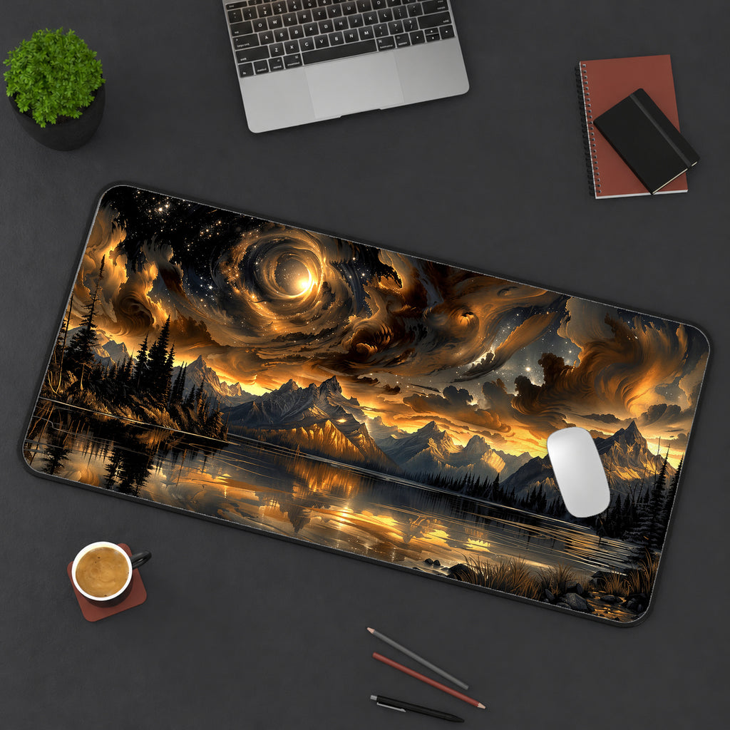 Golden Cosmic Mountain Lake Desk Mat — product mockup 3