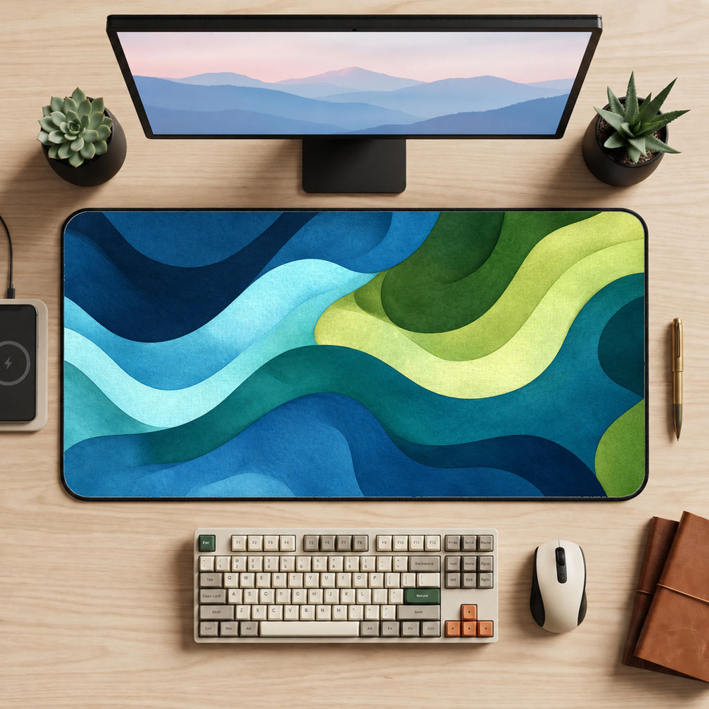Blue Green Earth waves abstract desk mat Topographical map pad geographic dice game cards playmat nature coworker makeup dressing table — workspace mockup 1
