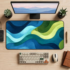 Blue Green Earth waves abstract desk mat Topographical map pad geographic dice game cards playmat nature coworker makeup dressing table — workspace mockup 1