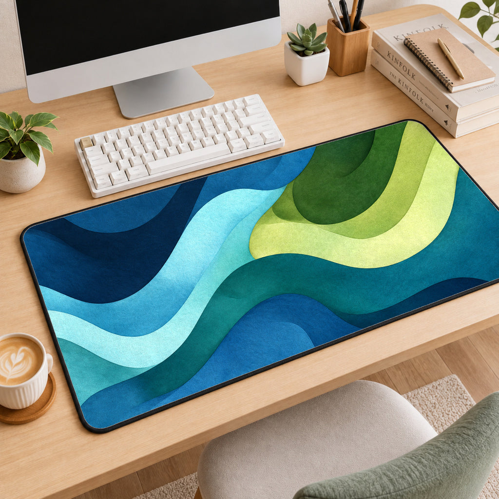 Blue Green Earth waves abstract desk mat Topographical map pad geographic dice game cards playmat nature coworker makeup dressing table — workspace mockup 2