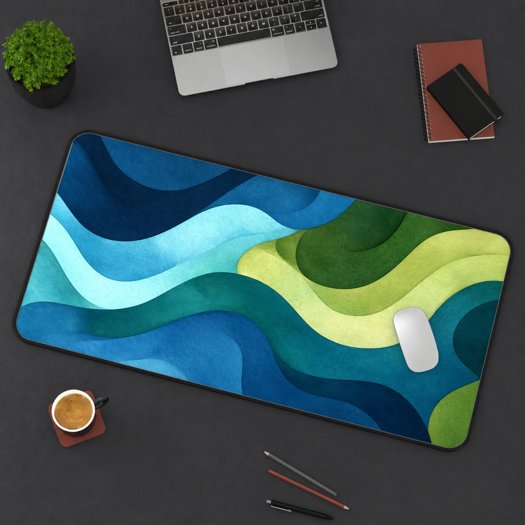 Blue Green Earth waves abstract desk mat Topographical map pad geographic dice game cards playmat nature coworker makeup dressing table — workspace mockup 3