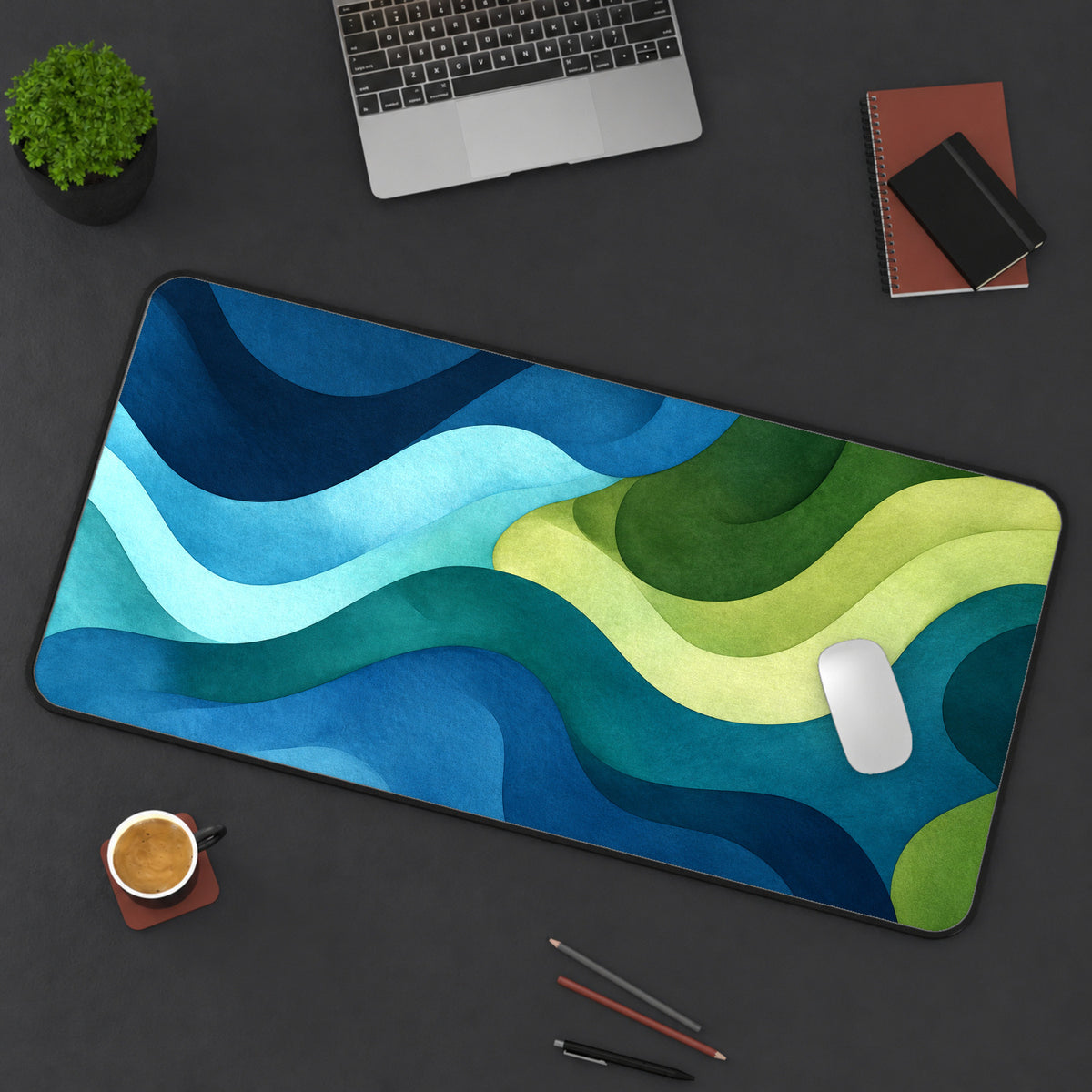 Blue Green Earth waves abstract desk mat Topographical map pad geographic dice game cards playmat nature coworker makeup dressing table — workspace mockup 3