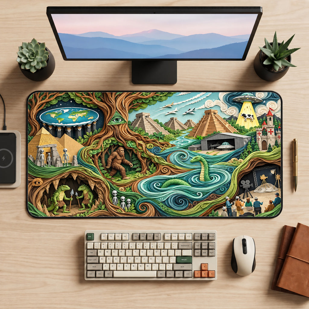 Conspiracy Theories Desk Mat Mousepad — workspace mockup 1