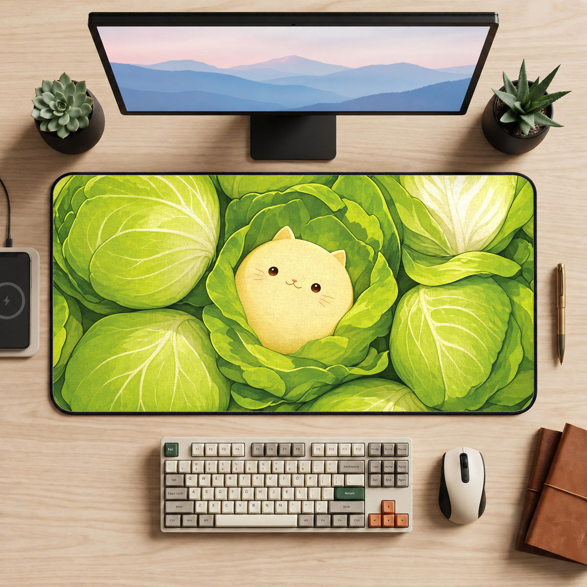 Kawaii Cat in Cabbage desk mat — workspace mockup 1
