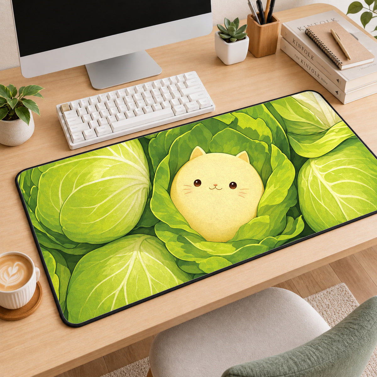 Kawaii Cat in Cabbage desk mat — workspace mockup 2
