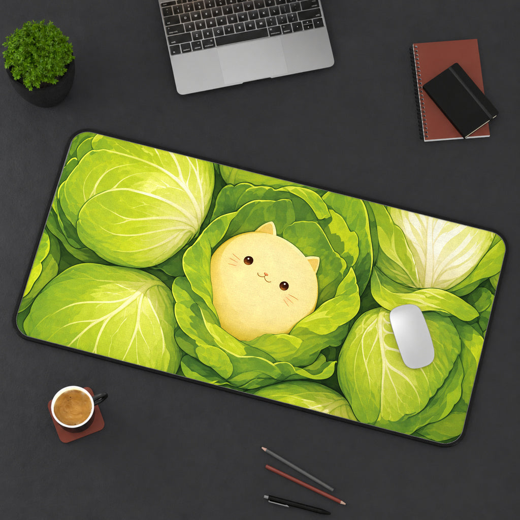Kawaii Cat in Cabbage desk mat — workspace mockup 3