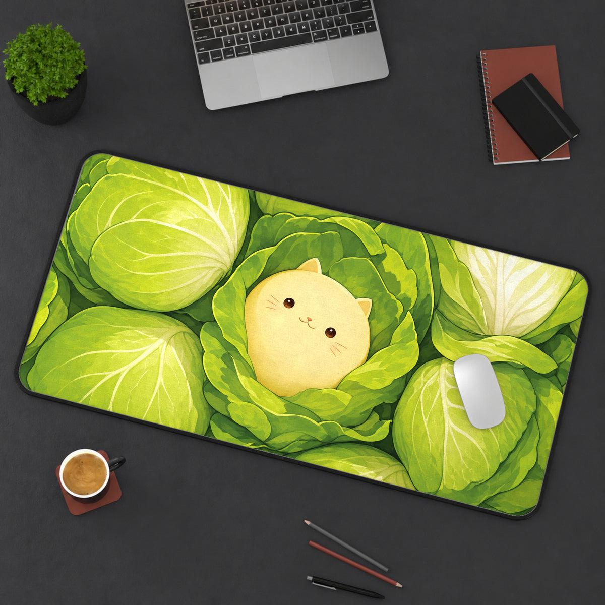 Kawaii Cat in Cabbage desk mat — workspace mockup 3