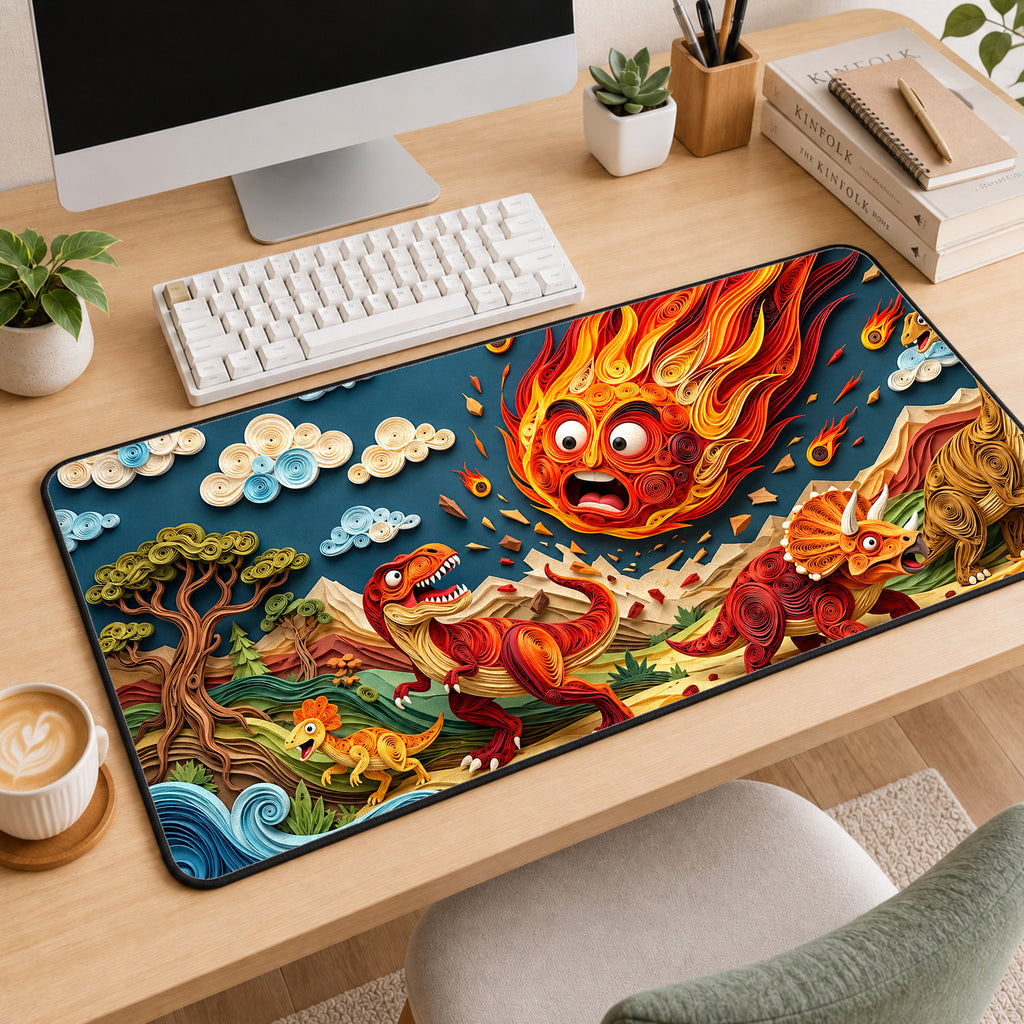 Kawaii Desk Mat Mousepad Featuring Funny Dinosaur Apocalypse Scene — workspace mockup 2