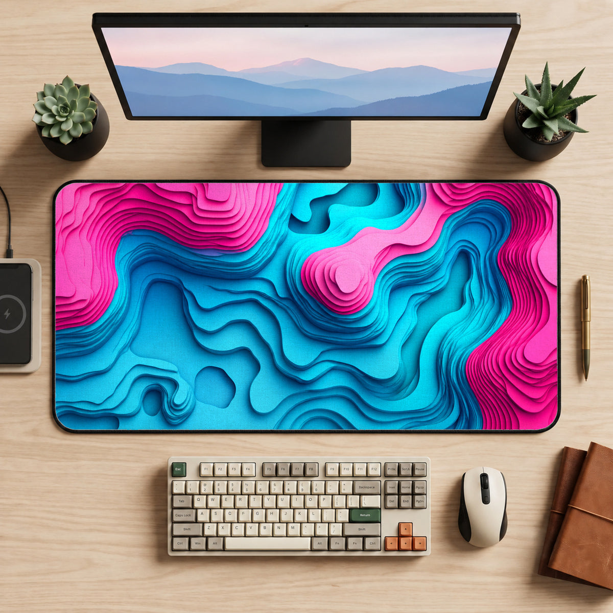 Pink Teal Topographical desk mat lines gift map topo geographic abstract girl dorm décor blue magenta extra large contour wave erosion — workspace mockup 1