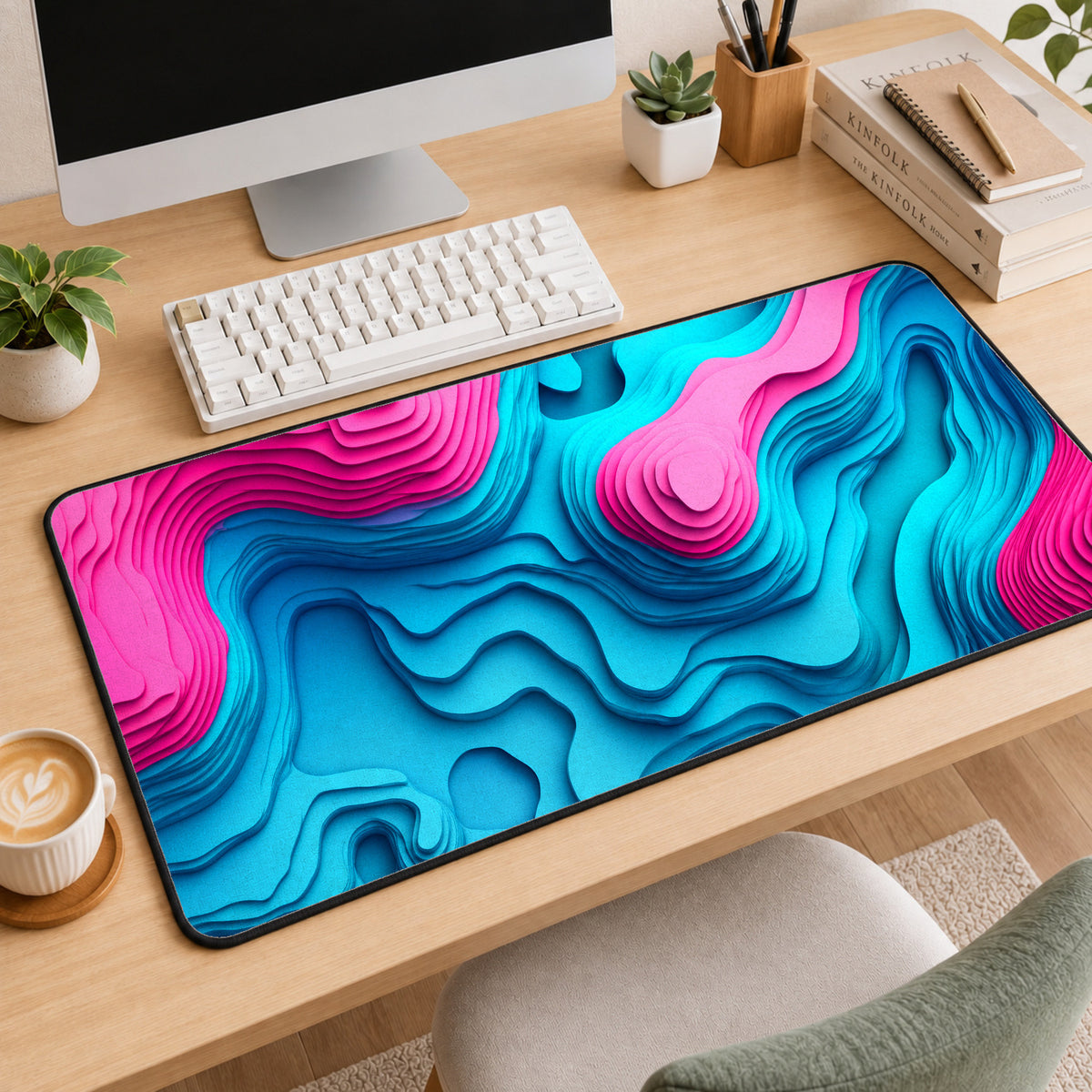 Pink Teal Topographical desk mat lines gift map topo geographic abstract girl dorm décor blue magenta extra large contour wave erosion — workspace mockup 2