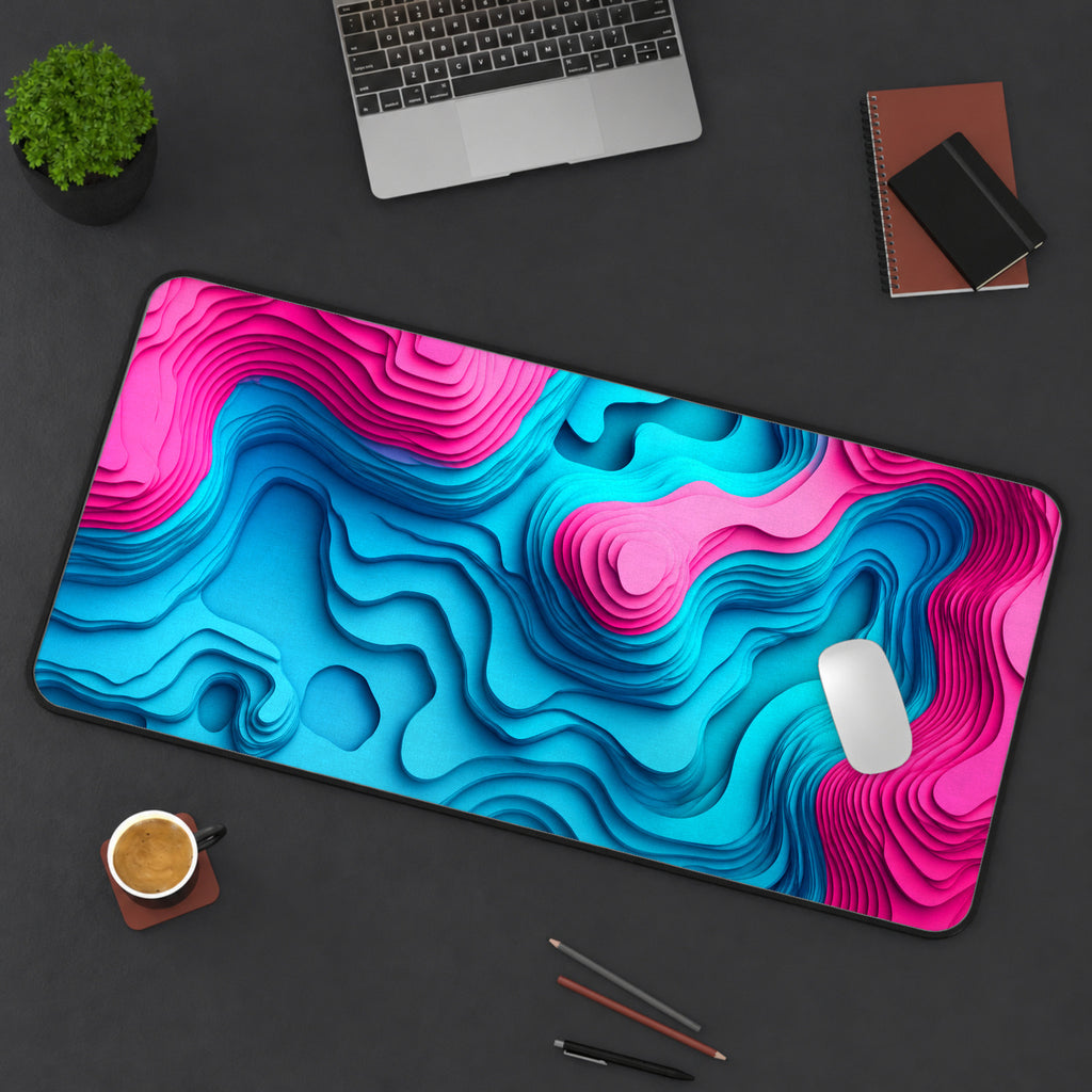 Pink Teal Topographical desk mat lines gift map topo geographic abstract girl dorm décor blue magenta extra large contour wave erosion — workspace mockup 3