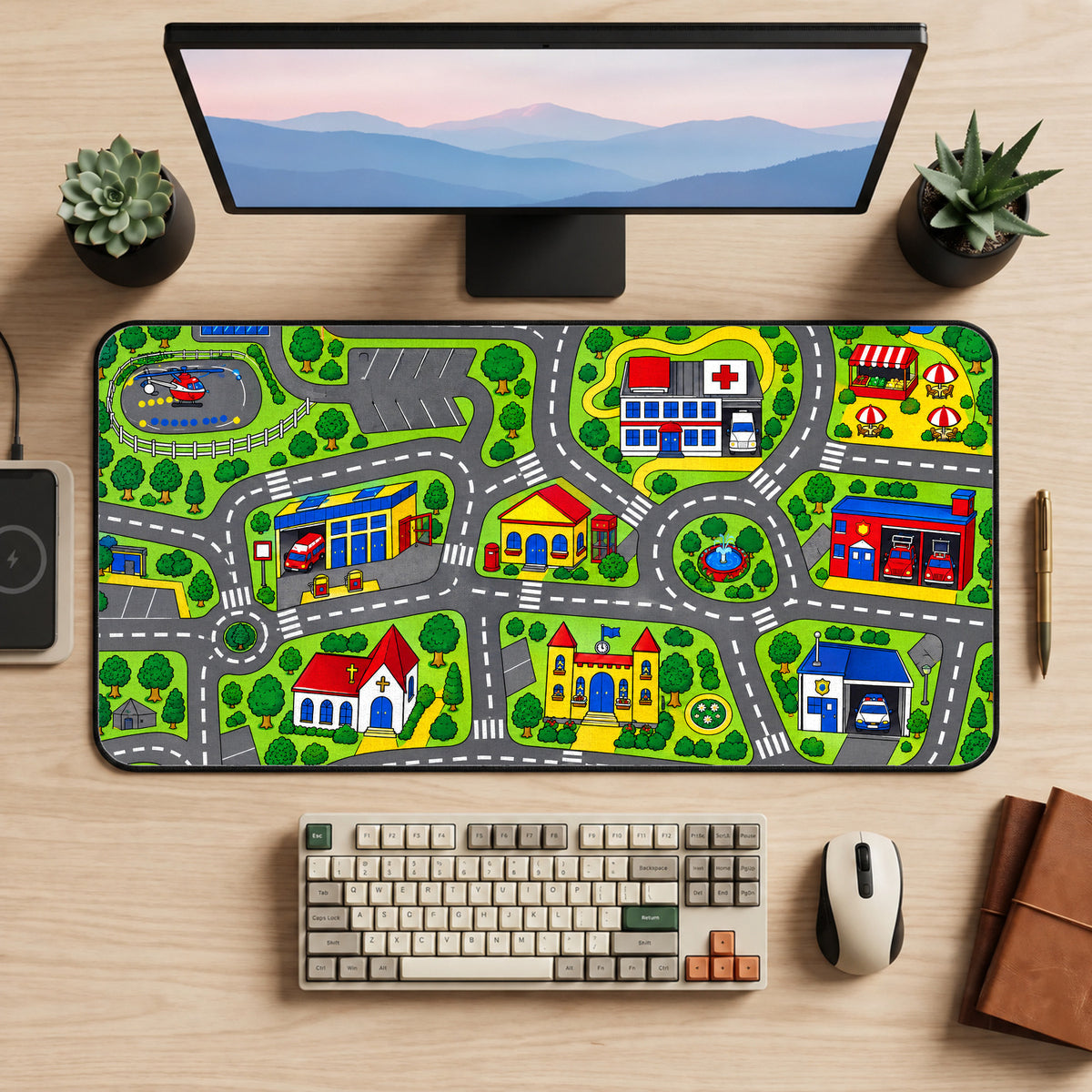 Retro Kids Map Desk Mat, 90s Nostalgia Play Carpet Mouse Pad, XL Gaming Mousepad — workspace mockup 1