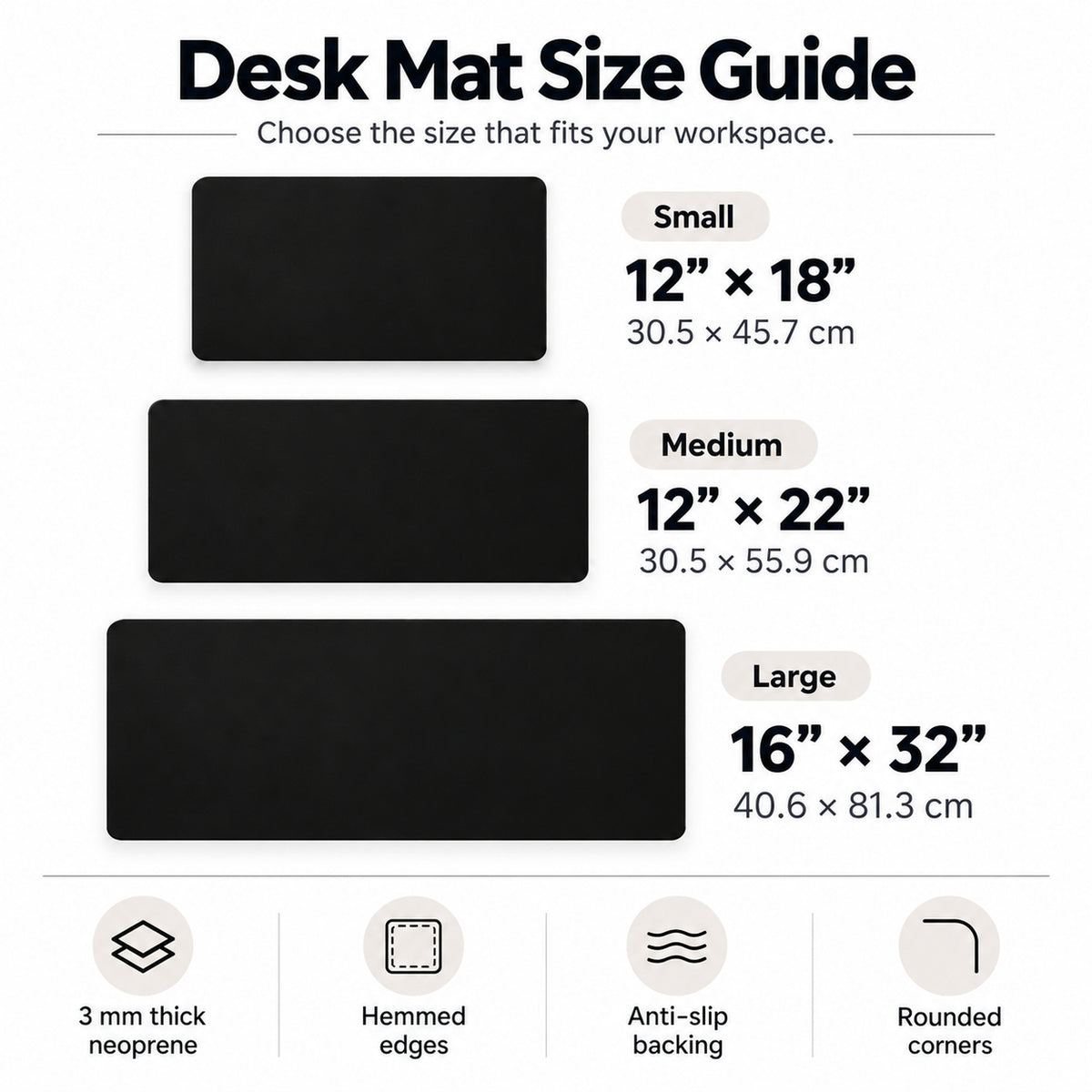 Hat1st Desk Mat size guide: Small 12 by 18, Medium 12 by 22, Large 16 by 32 inches; 3 mm neoprene, hemmed edges and anti-slip backing
