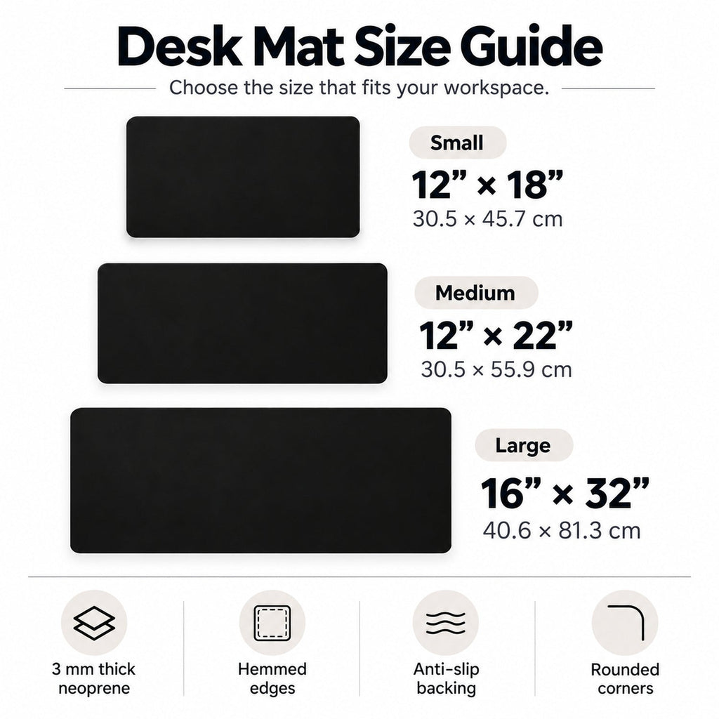 Desk Mat Size Guide: Small 12 × 18 in, Medium 12 × 22 in, Large 16 × 32 in; 3 mm neoprene, stitched edges, anti-slip backing