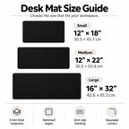 Desk Mat Size Guide: Small 12 × 18 in, Medium 12 × 22 in, Large 16 × 32 in; 3 mm neoprene, stitched edges, anti-slip backing