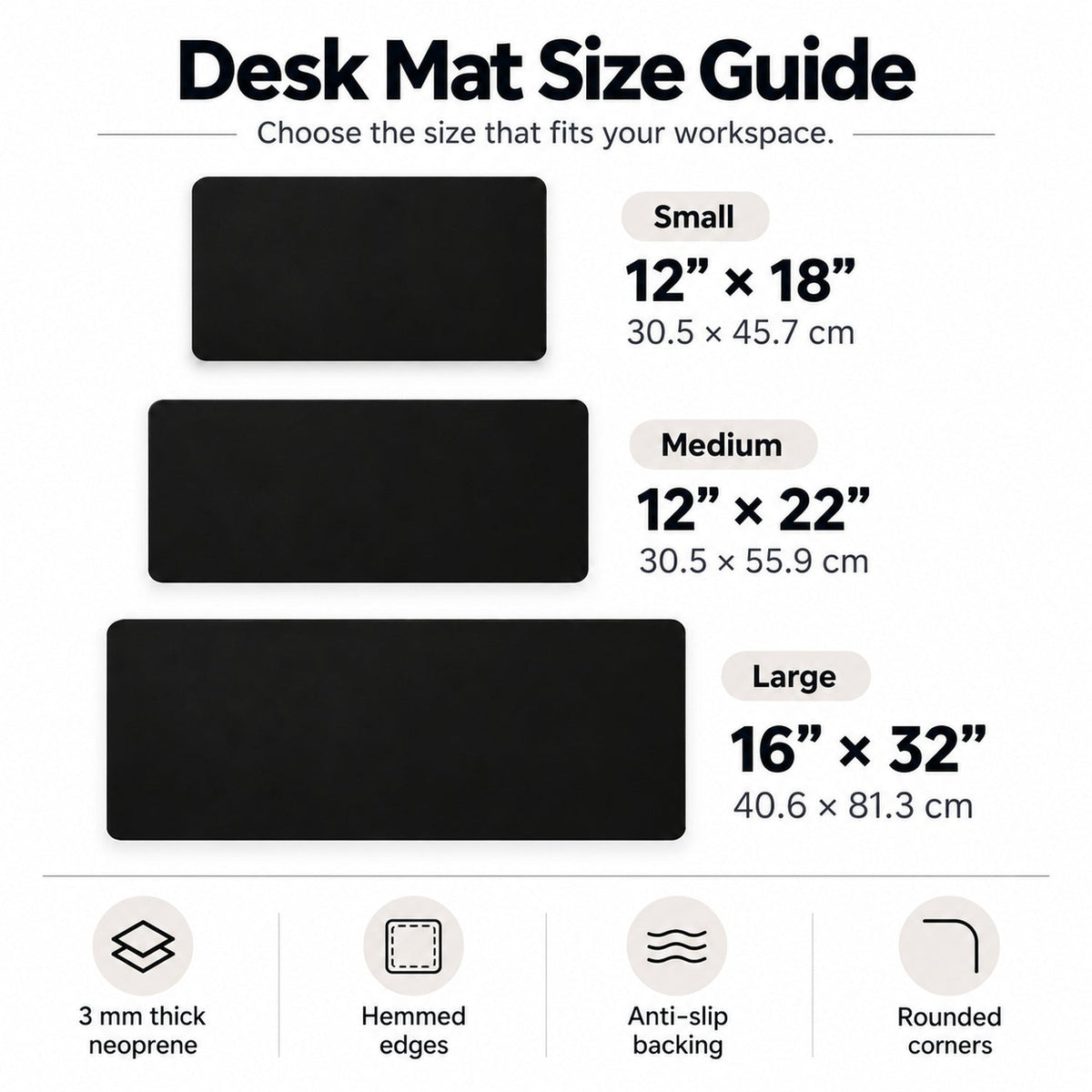 Desk Mat Size Guide: Small 12 × 18 in, Medium 12 × 22 in, Large 16 × 32 in; 3 mm neoprene, stitched edges, anti-slip backing